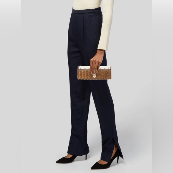 Michael Kors Wicker Minaudière Santorini White Leather Gold Studded Straw Clutch - Picture 2 of 8